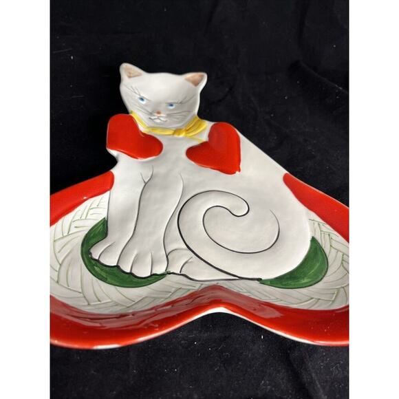 Porcelain Cat Shape With Red Hearts Hand Painted Tray/Dish Made in Italy #7145 - Picture 7 of 8